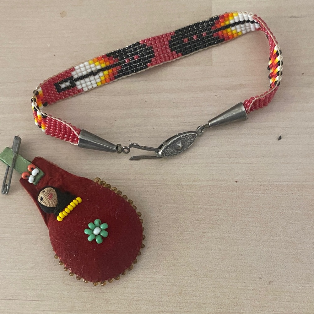 Native American Beaded Braided with Red Pendant